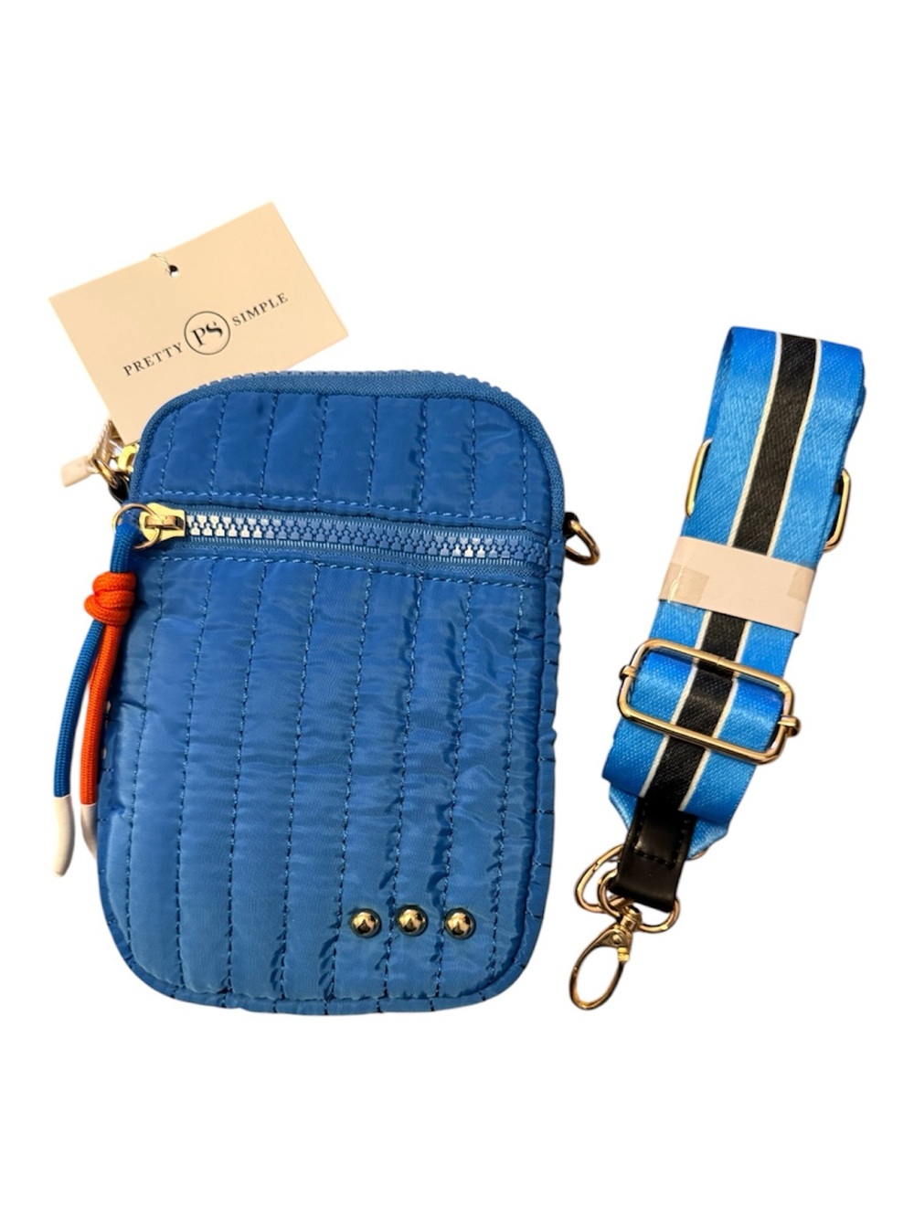 Pretty Simple Blue Quilted Crossbody Bag with Striped Strap